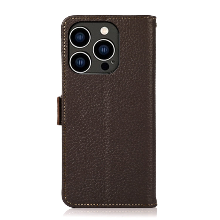 For iPhone 15 Pro KHAZNEH Side-Magnetic Litchi Genuine Leather RFID Phone Case(Brown) - iPhone 15 Pro Cases by buy2fix | Online Shopping UK | buy2fix