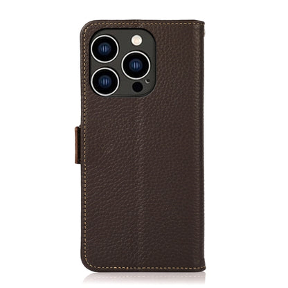 For iPhone 15 Pro KHAZNEH Side-Magnetic Litchi Genuine Leather RFID Phone Case(Brown) - iPhone 15 Pro Cases by buy2fix | Online Shopping UK | buy2fix