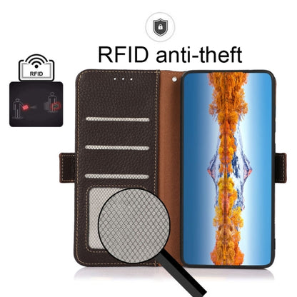 For iPhone 15 Pro KHAZNEH Side-Magnetic Litchi Genuine Leather RFID Phone Case(Brown) - iPhone 15 Pro Cases by buy2fix | Online Shopping UK | buy2fix