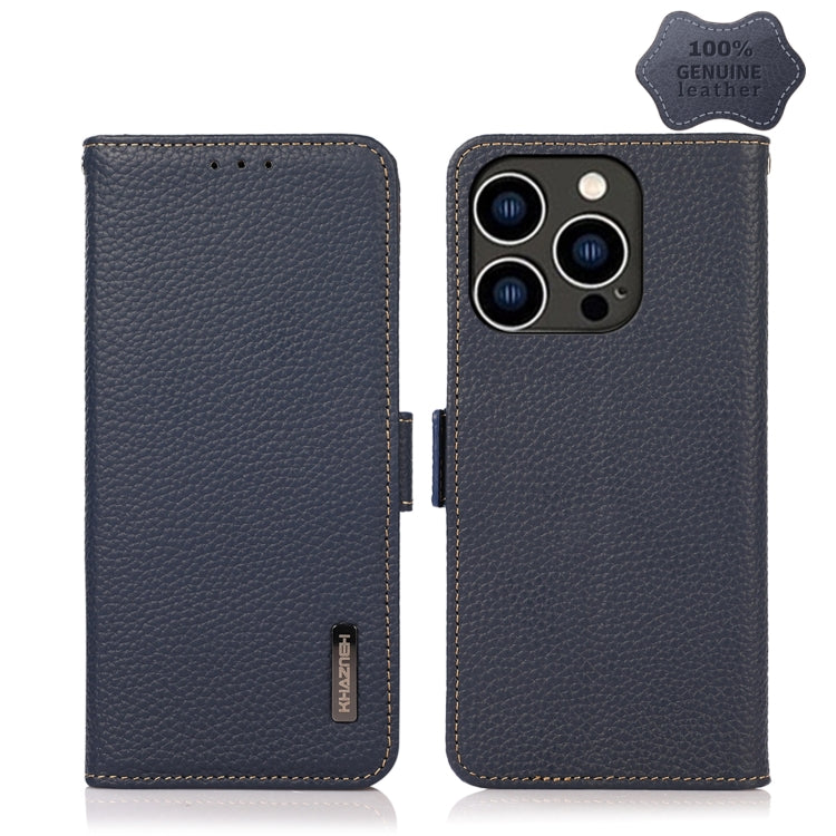 For iPhone 15 Pro Max KHAZNEH Side-Magnetic Litchi Genuine Leather RFID Phone Case(Blue) - iPhone 15 Pro Max Cases by buy2fix | Online Shopping UK | buy2fix