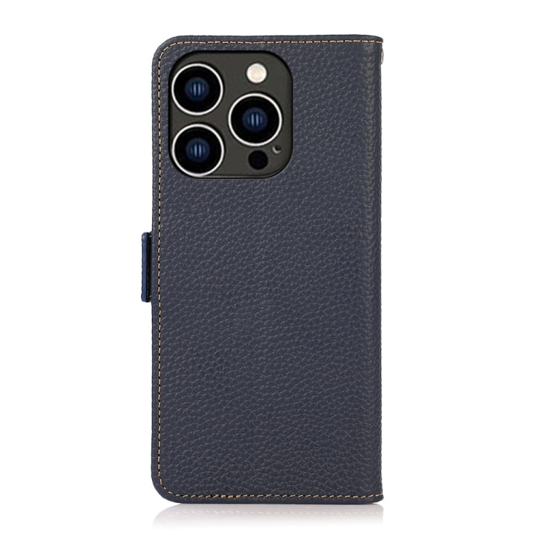 For iPhone 15 Pro Max KHAZNEH Side-Magnetic Litchi Genuine Leather RFID Phone Case(Blue) - iPhone 15 Pro Max Cases by buy2fix | Online Shopping UK | buy2fix