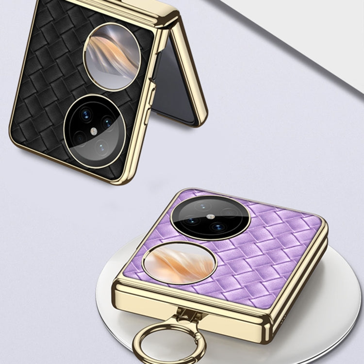 For Huawei Pocket 2 GKK Magnetic Shaft Electroplated Plain Leather Woven Texture Phone Case with Ring(Black) - Huawei Cases by GKK | Online Shopping UK | buy2fix