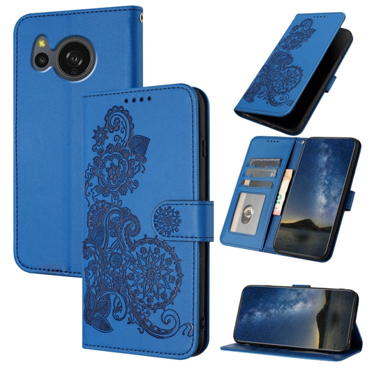 For Sharp Aquos sense8 SHG11 / SH-54D Datura Flower Embossed Flip Leather Phone Case(Blue) - More Brand by buy2fix | Online Shopping UK | buy2fix