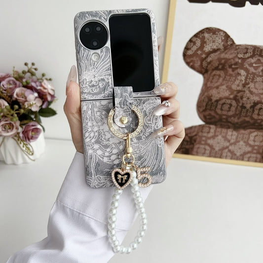 For OPPO Find N3 Flip Embroidery Style Full Coverage Phone Case with Ring Bead Chain(Grey) - OPPO Cases by buy2fix | Online Shopping UK | buy2fix