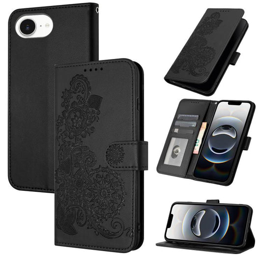 For iPhone 16e Datura Flower Embossed Flip Leather Phone Case(Black) by buy2fix