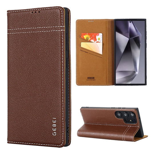 For Galaxy S24 Ultra 5G GEBEI Top-grain Horizontal Flip Leather Phone Case(Brown)