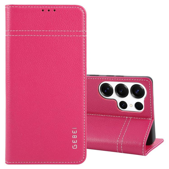 For Galaxy S25 Ultra 5G GEBEI Top-grain Horizontal Flip Leather Phone Case(Rose Red)