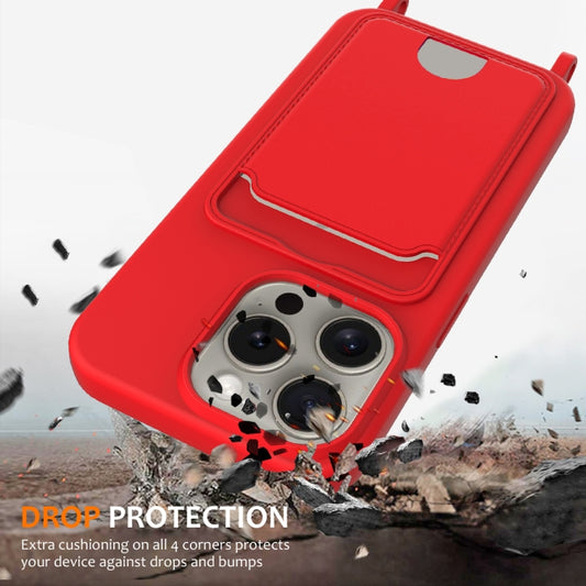 For iPhone 16 Pro Max Integrated Card Bag Solid Color Liquid Silicone Phone Case with Lanyard(Red) by buy2fix