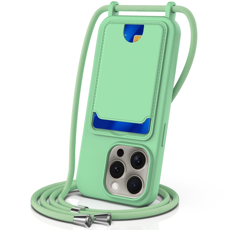 For iPhone 16 Pro Max Integrated Card Bag Solid Color Liquid Silicone Phone Case with Lanyard(Green) by buy2fix