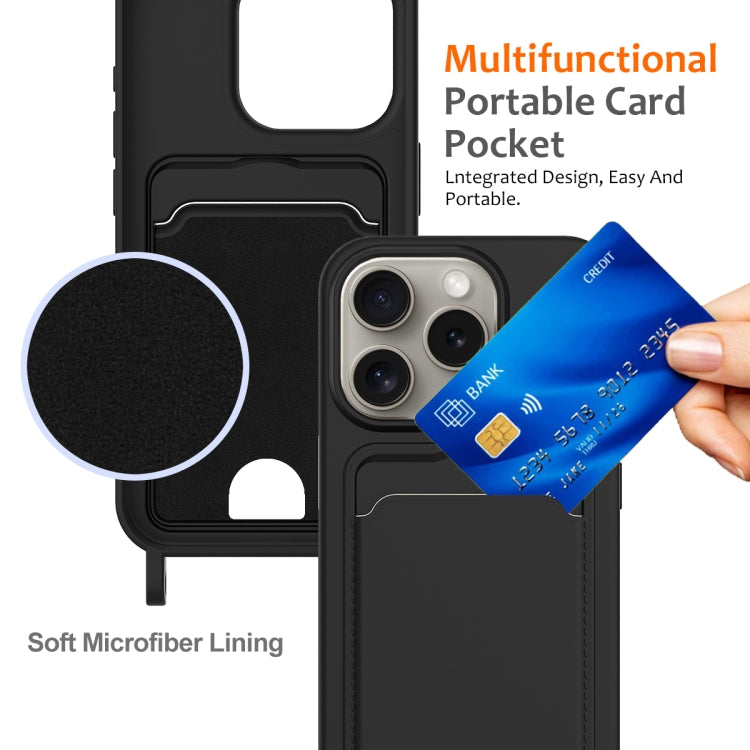 For iPhone 16 Pro Max Integrated Card Bag Solid Color Liquid Silicone Phone Case with Lanyard(Black) by buy2fix