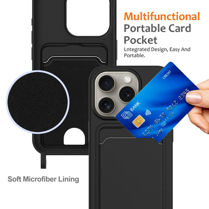 For iPhone 16 Pro Max Integrated Card Bag Solid Color Liquid Silicone Phone Case with Lanyard(Black) by buy2fix