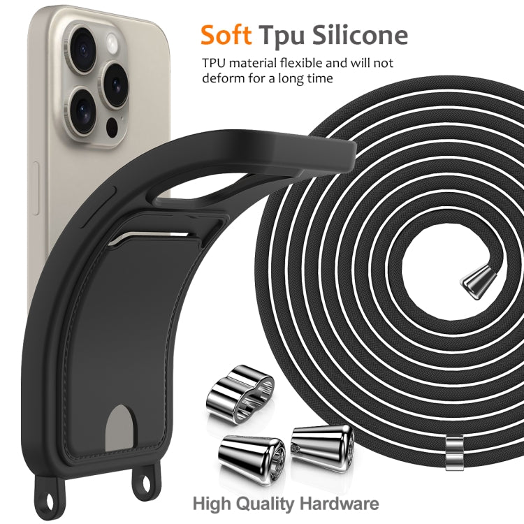 For iPhone 16 Pro Max Integrated Card Bag Solid Color Liquid Silicone Phone Case with Lanyard(Black) by buy2fix