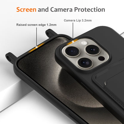 For iPhone 16 Pro Integrated Card Bag Solid Color Liquid Silicone Phone Case with Lanyard(Black) by buy2fix