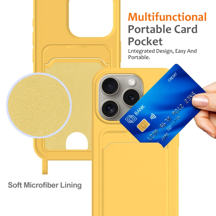 For iPhone 16 Pro Integrated Card Bag Solid Color Liquid Silicone Phone Case with Lanyard(Yellow) by buy2fix