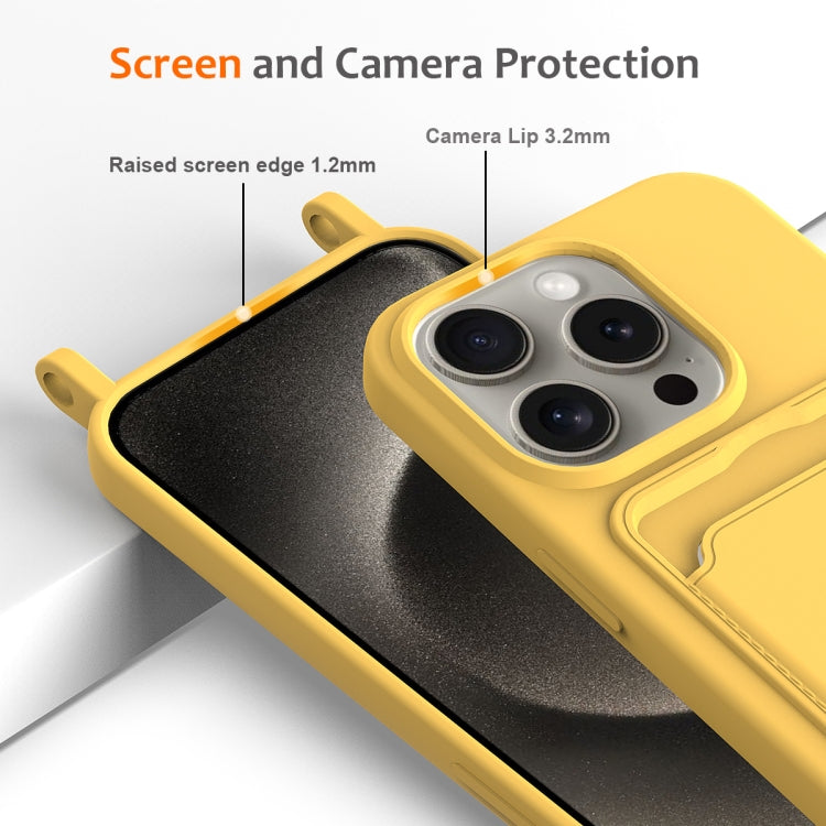 For iPhone 16 Pro Integrated Card Bag Solid Color Liquid Silicone Phone Case with Lanyard(Yellow) by buy2fix