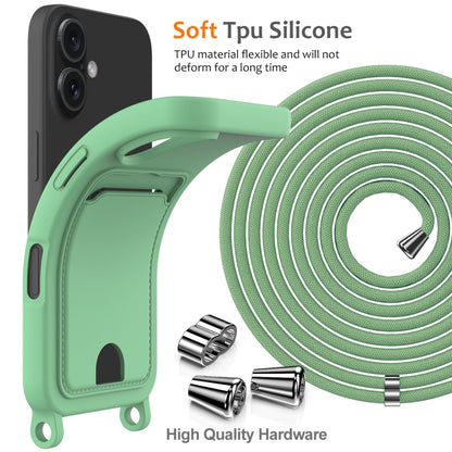 For iPhone 16 Plus Integrated Card Bag Solid Color Liquid Silicone Phone Case with Lanyard(Green) - iPhone 16 Plus Cases by buy2fix | Online Shopping UK | buy2fix