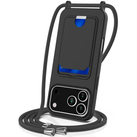 For iPhone 18 Pro Max / 17 Pro Max Integrated Card Bag Solid Color Liquid Silicone Phone Case with Lanyard(Black)