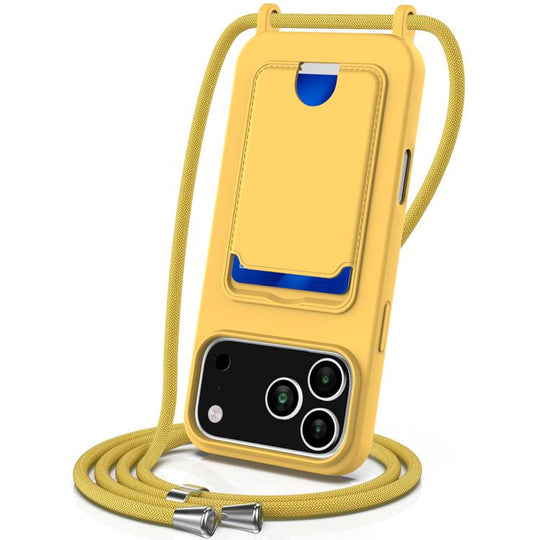 For iPhone 18 Pro Max / 17 Pro Max Integrated Card Bag Solid Color Liquid Silicone Phone Case with Lanyard(Yellow)