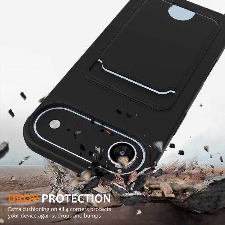 For iPhone Air Integrated Card Bag Solid Color Liquid Silicone Phone Case with Lanyard(Black) - iPhone Air Cases by buy2fix | Online Shopping UK | buy2fix