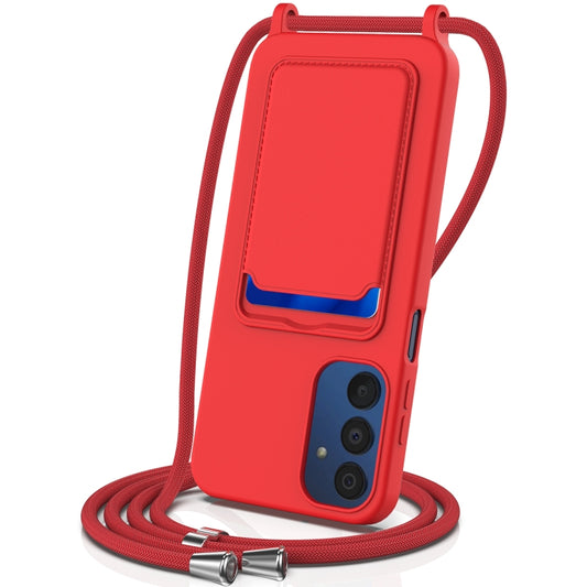 For Samsung Galaxy A15 4G/5G Integrated Card Bag Solid Color Liquid Silicone Phone Case with Lanyard(Red) by buy2fix