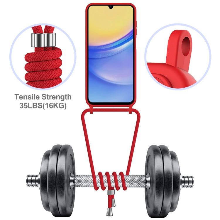 For Samsung Galaxy A15 4G/5G Integrated Card Bag Solid Color Liquid Silicone Phone Case with Lanyard(Red) by buy2fix