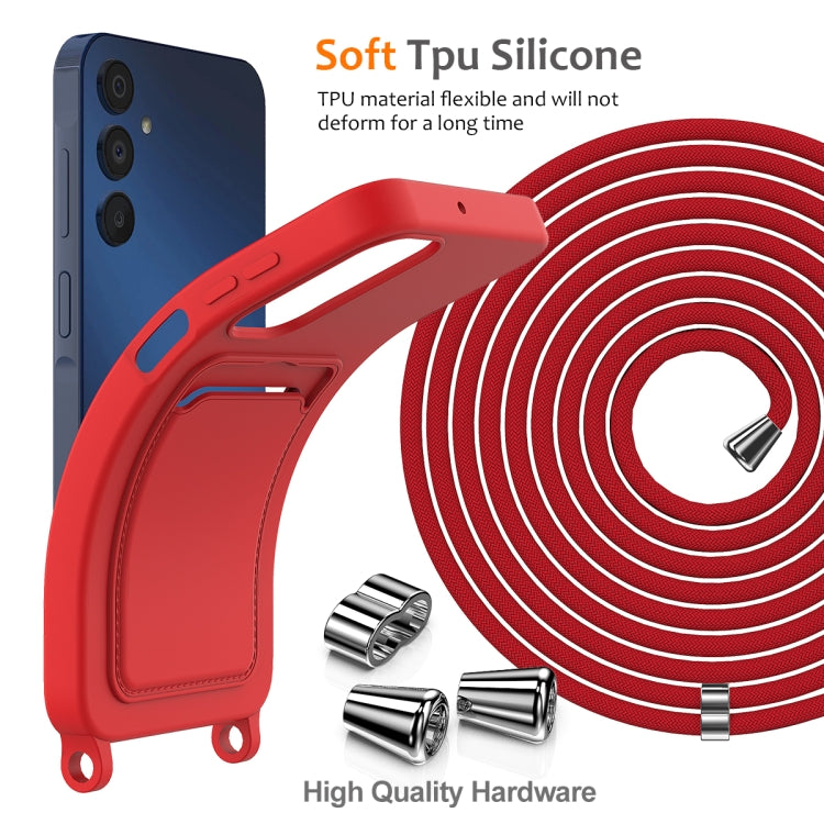 For Samsung Galaxy A15 4G/5G Integrated Card Bag Solid Color Liquid Silicone Phone Case with Lanyard(Red) by buy2fix