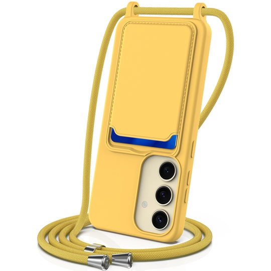 For Samsung Galaxy S24+ 5G Integrated Card Bag Solid Color Liquid Silicone Phone Case with Lanyard(Yellow)