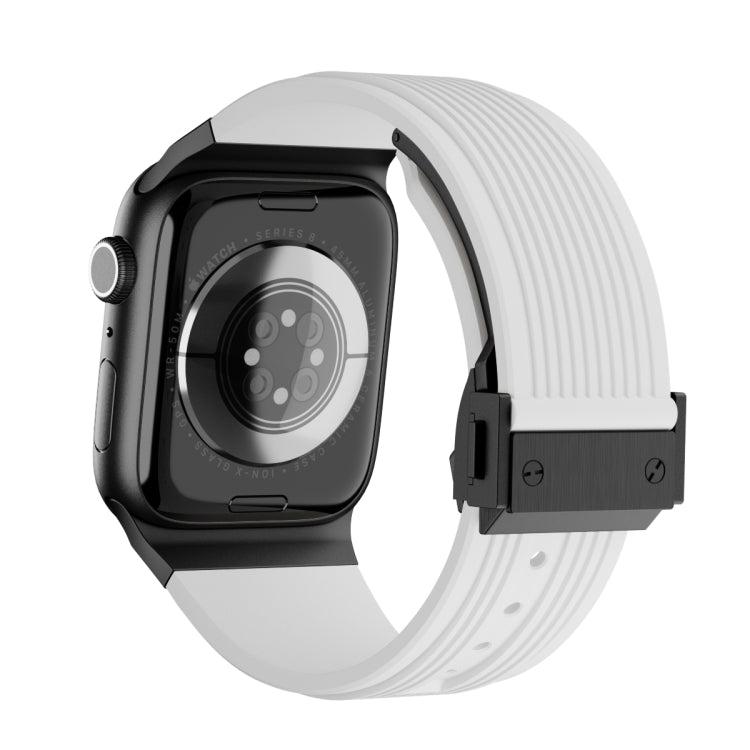 For Apple Watch SE 44mm Vertical Texture Black Buckle Elastic Silicone Watch Band(White) by buy2fix