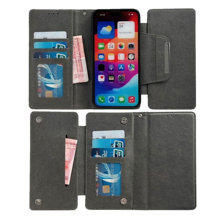 For iPhone 15 Pro Multifunctional 7-Cards Wallet Leather Phone Case(Grey) - iPhone 15 Pro Cases by buy2fix | Online Shopping UK | buy2fix