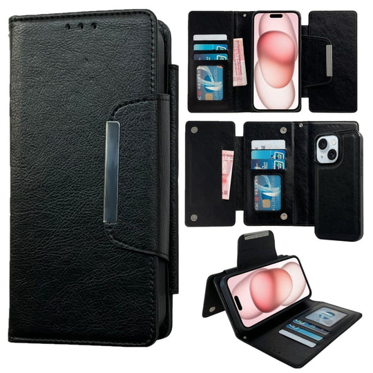 For iPhone 15 Multifunctional 7-Cards Wallet Leather Phone Case(Black)