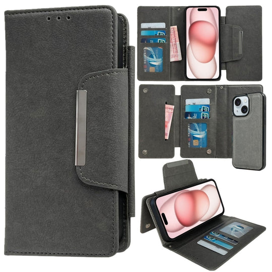 For iPhone 15 Multifunctional 7-Cards Wallet Leather Phone Case(Grey)