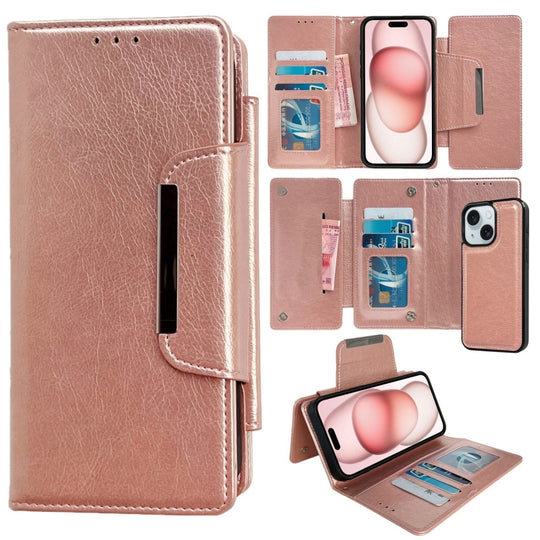 For iPhone 15 Multifunctional 7-Cards Wallet Leather Phone Case(Rose Gold)