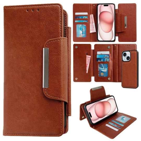 For iPhone 15 Multifunctional 7-Cards Wallet Leather Phone Case(Brown)