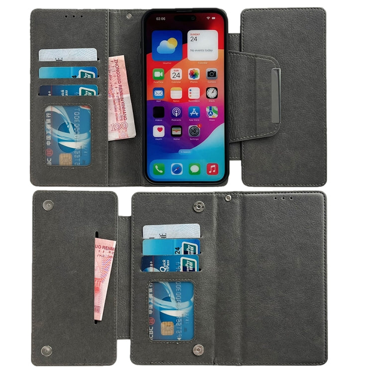 For iPhone 16 Plus Multifunctional 7-Cards Wallet Leather Phone Case(Grey) - iPhone 16 Plus Cases by buy2fix | Online Shopping UK | buy2fix
