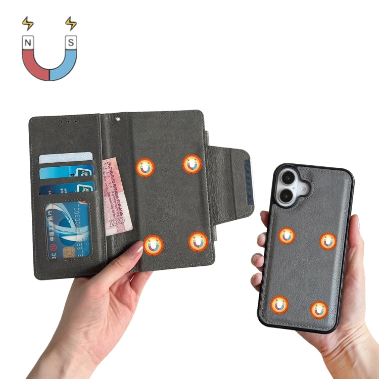 For iPhone 16 Plus Multifunctional 7-Cards Wallet Leather Phone Case(Grey) - iPhone 16 Plus Cases by buy2fix | Online Shopping UK | buy2fix