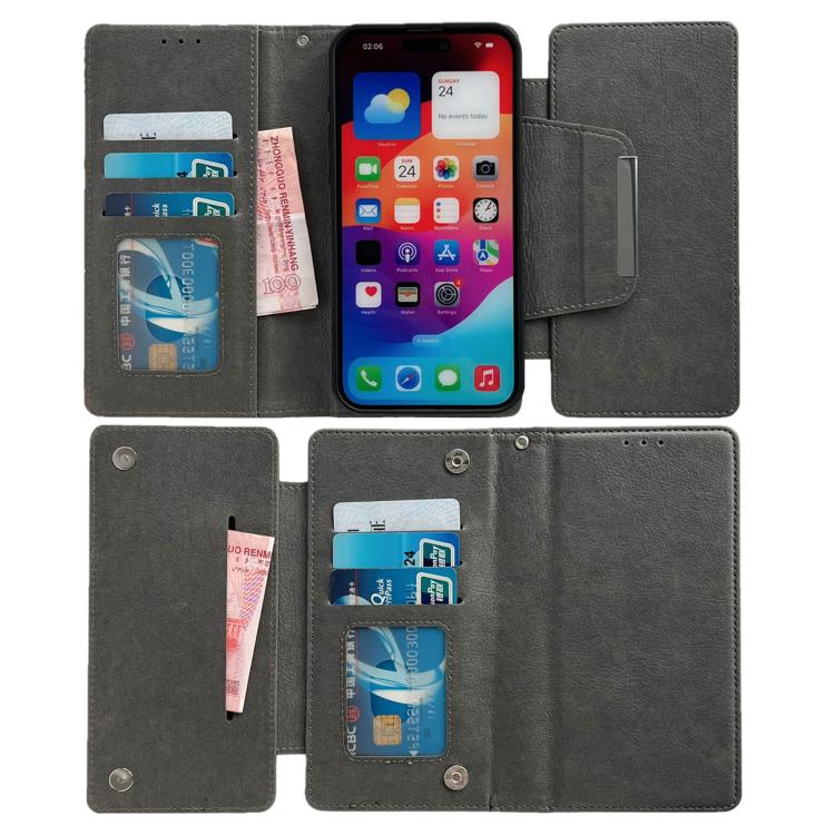 For iPhone 16e Multifunctional 7-Cards Wallet Leather Phone Case(Grey) - iPhone 16e Cases by buy2fix | Online Shopping UK | buy2fix