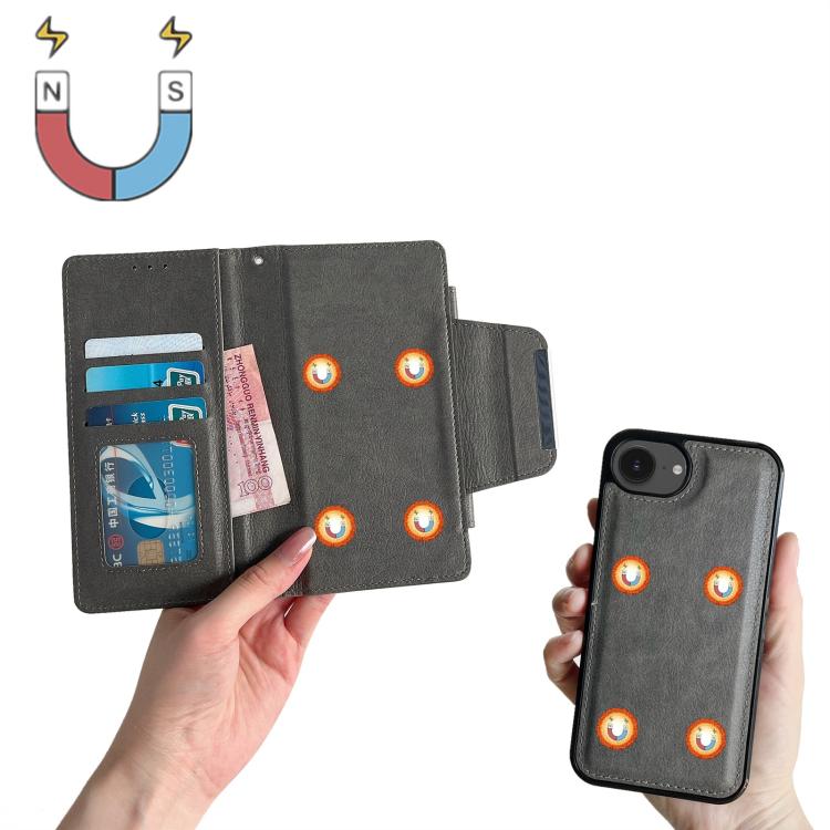 For iPhone 16e Multifunctional 7-Cards Wallet Leather Phone Case(Grey) - iPhone 16e Cases by buy2fix | Online Shopping UK | buy2fix