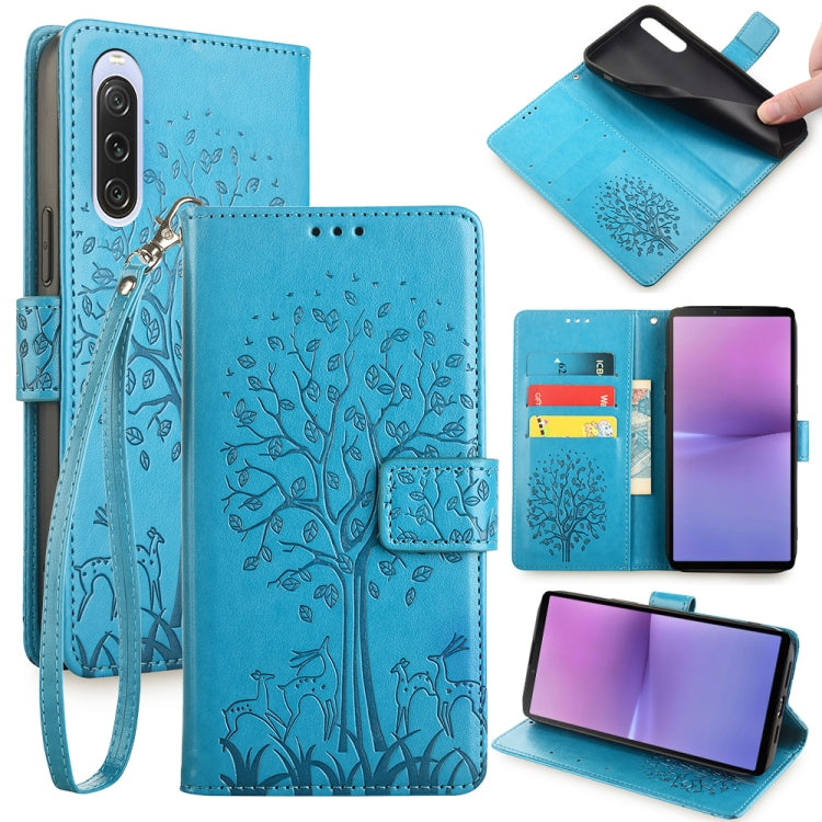 For Sony Xperia 10 V Tree & Deer Embossed Leather Phone Case(Blue) by buy2fix
