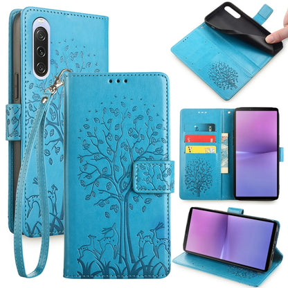 For Sony Xperia 10 V Tree & Deer Embossed Leather Phone Case(Blue) by buy2fix