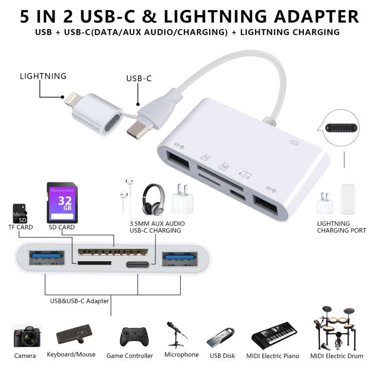 AJ-108PRO 6 in 2 USB-C / Type-C + 8 Pin Interface Multi-function Camera Card Reader(White) by buy2fix