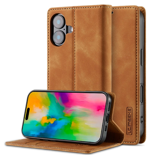 For iPhone 16 LC.IMEEKE Strong Magnetism Microfiber Leather Phone Case(Brown)