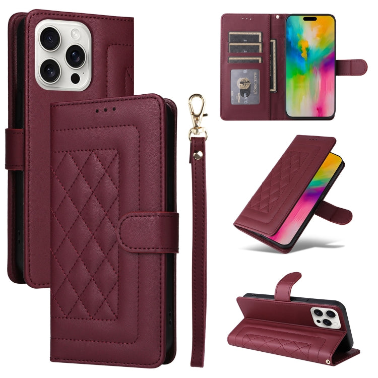 For iPhone 16 Pro Max Diamond Lattice Leather Flip Phone Case(Wine Red) by buy2fix