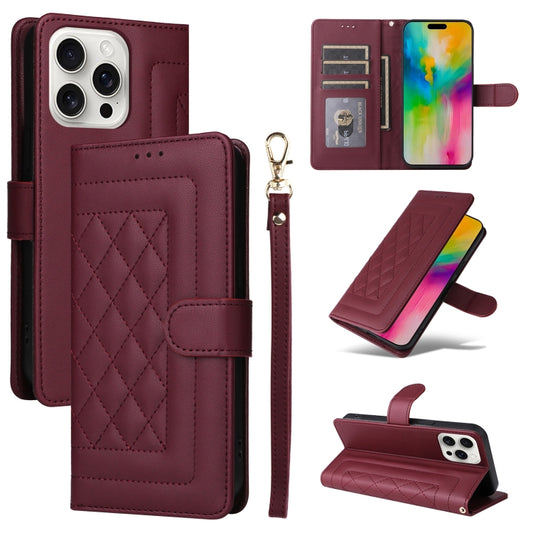 For iPhone 16 Pro Max Diamond Lattice Leather Flip Phone Case(Wine Red) by buy2fix