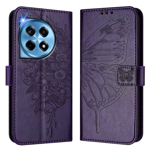For OnePlus 12 5G Global Embossed Butterfly Leather Phone Case(Dark Purple) - OnePlus Cases by buy2fix | Online Shopping UK | buy2fix