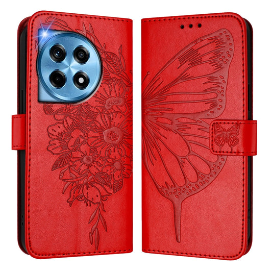 For OnePlus 12 5G Global Embossed Butterfly Leather Phone Case(Red) - OnePlus Cases by buy2fix | Online Shopping UK | buy2fix