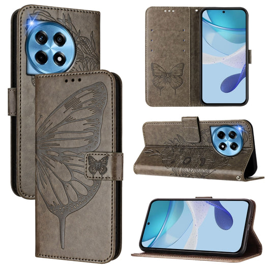 For OnePlus 12 5G Global Embossed Butterfly Leather Phone Case(Grey) - OnePlus Cases by buy2fix | Online Shopping UK | buy2fix