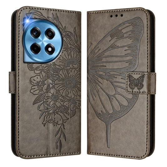 For OnePlus 12 5G Global Embossed Butterfly Leather Phone Case(Grey) - OnePlus Cases by buy2fix | Online Shopping UK | buy2fix