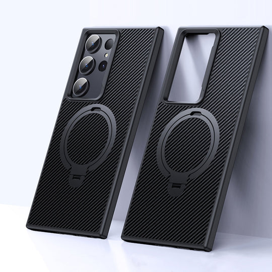 For Samsung Galaxy S23 Ultra 5G Double Ring MagSafe Holder Carbon Fibre Phone Case(Black)
