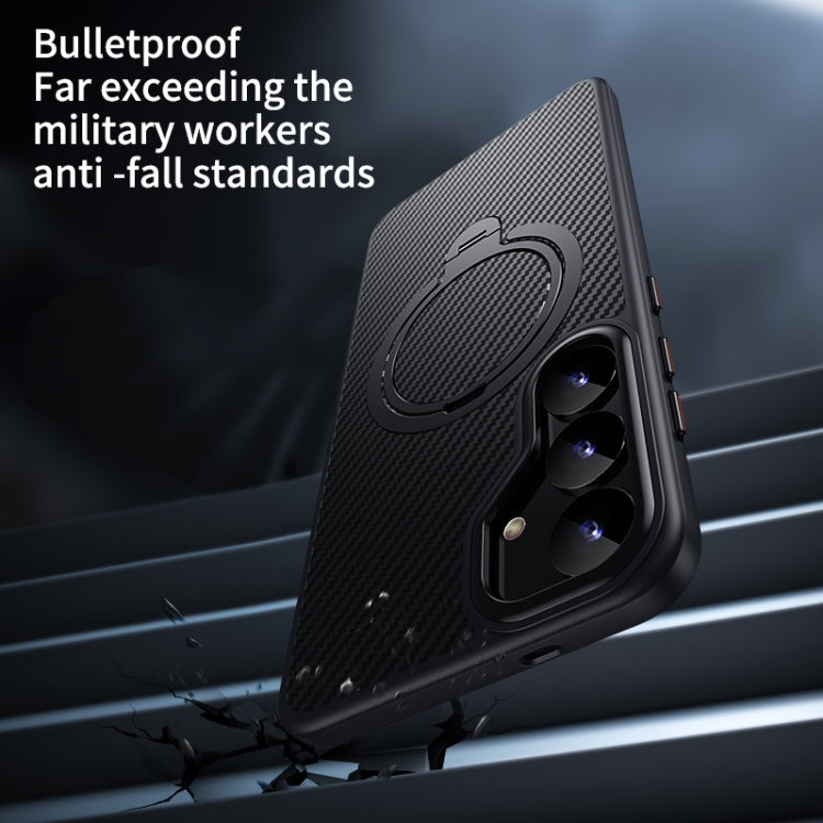 For Samsung Galaxy S25 5G Double Ring MagSafe Holder Carbon Fibre Phone Case(Black) by buy2fix