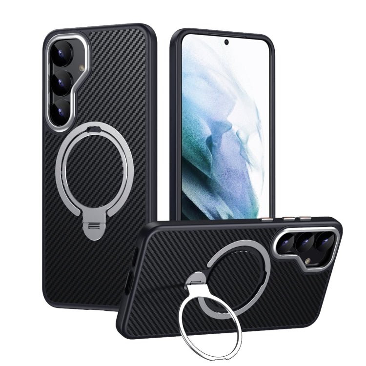 For Samsung Galaxy S25 5G Double Ring MagSafe Holder Carbon Fibre Phone Case(Silver) by buy2fix